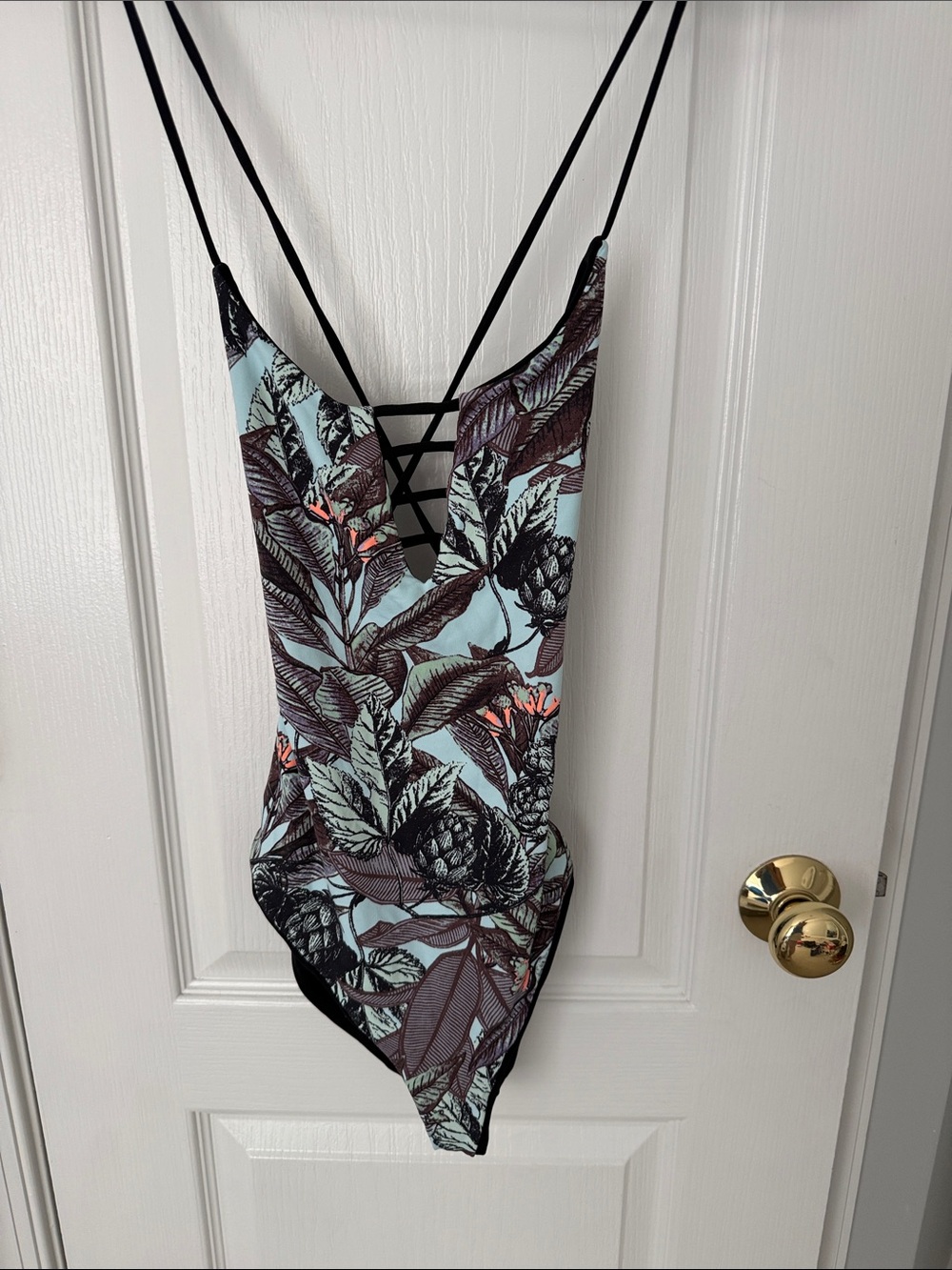 Maaji Light Blue Botanical Print Bodysuit with Black Straps